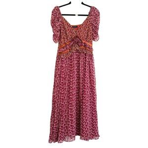 En Saison Burgundy Dress,Purple Floral Print Ruffled Boho Dress Romantic XS